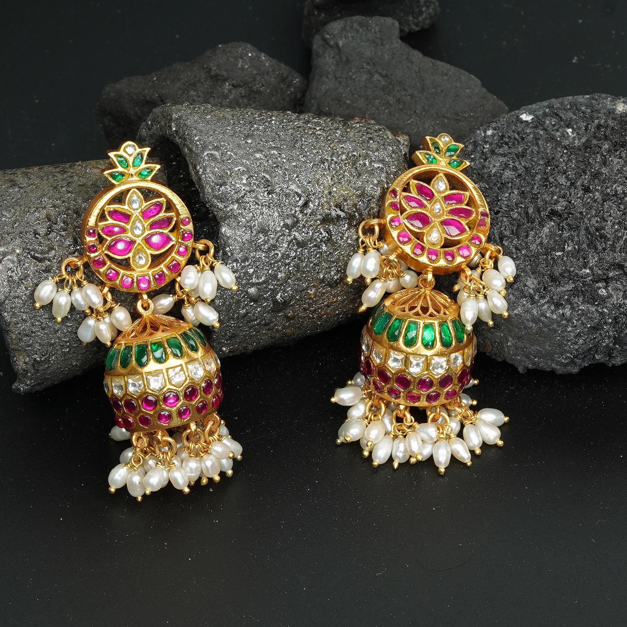 Multi-Coloured Kundan Jhumka with white pearl Setting