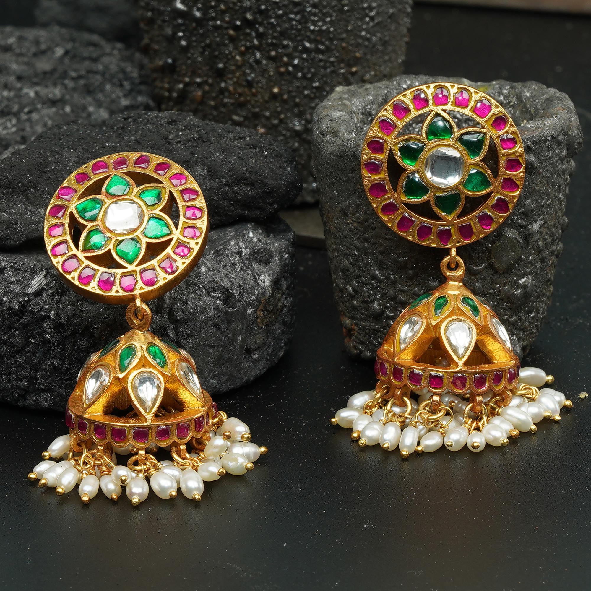 Gold-Plated Jhumka Earrings with Umbrella Hanging