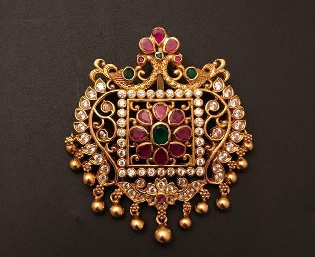 Cabochon Rubies And Gold Balls Hanging In The Bottom Peacock Ruby And CZ Stones Antique Gold  Pendant
