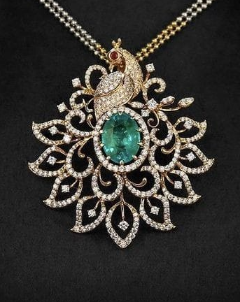 Gold Plated Peacock American Diamond With Emerald Stone Pendant