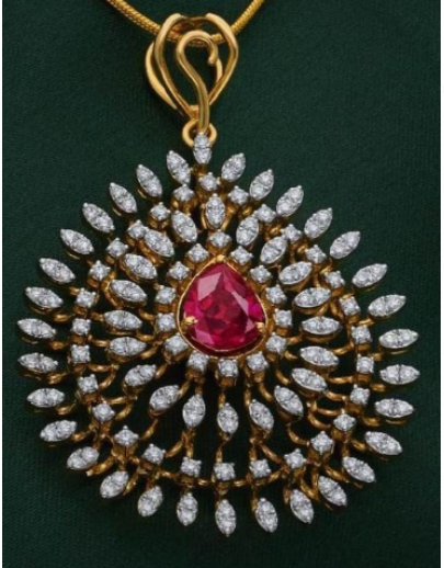 American Diamond With Ruby Drop Shape Pendant