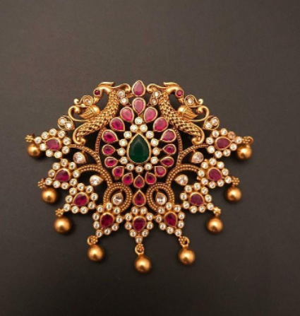 Cabochon Rubies And Gold Balls Hanging In The Bottom Peacock Antique And Ruby Pendant