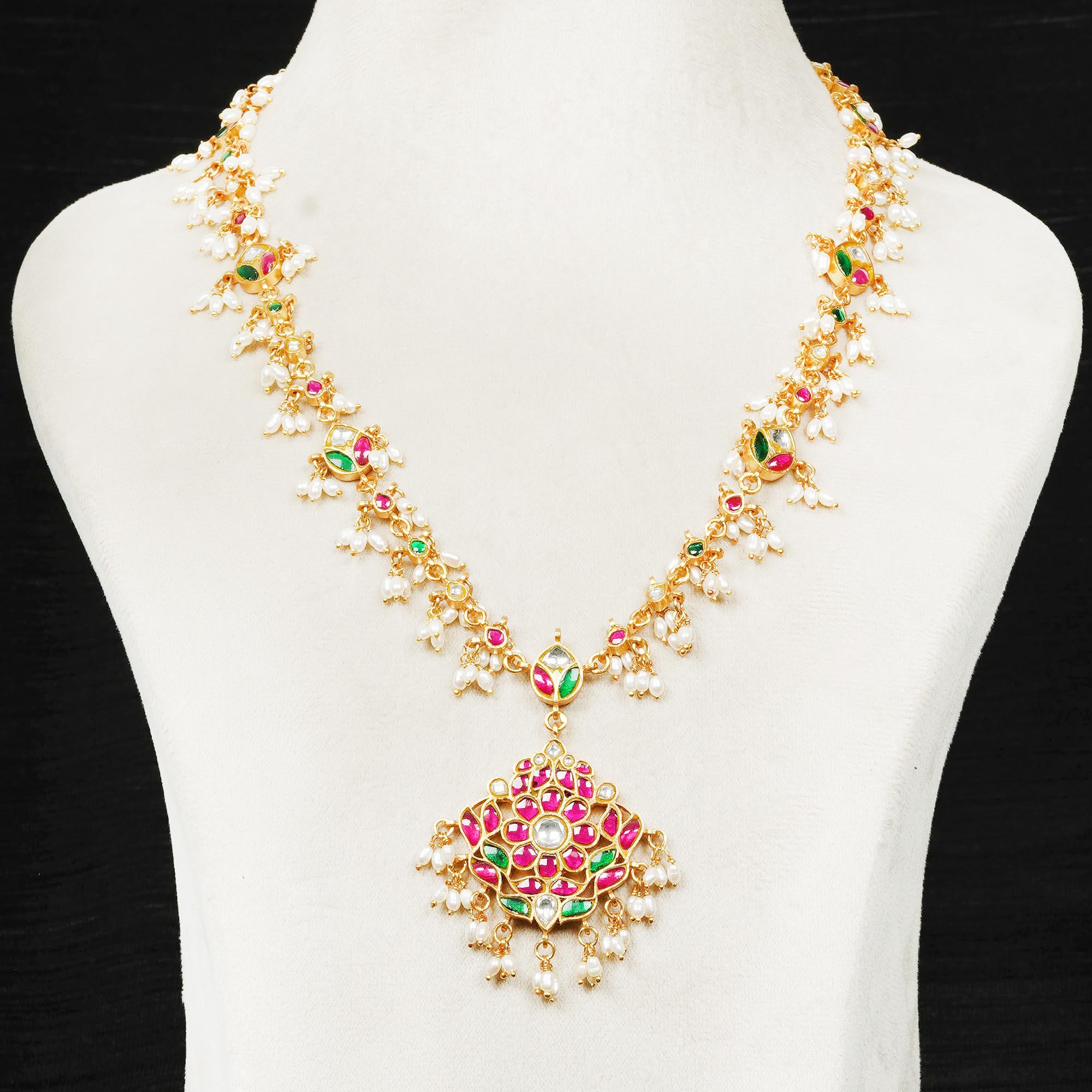 Authentic Kerela Style Green Pink Mala Necklace