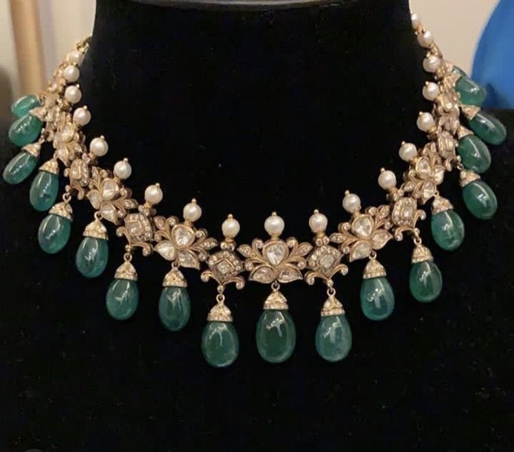 Premium Moissanite Choker Set With Green Stones and White Pearls