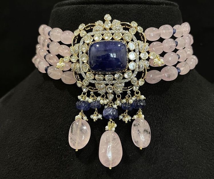 Pastel Pink Choker Set with Blue Ruby Centerpiece and studded diamond