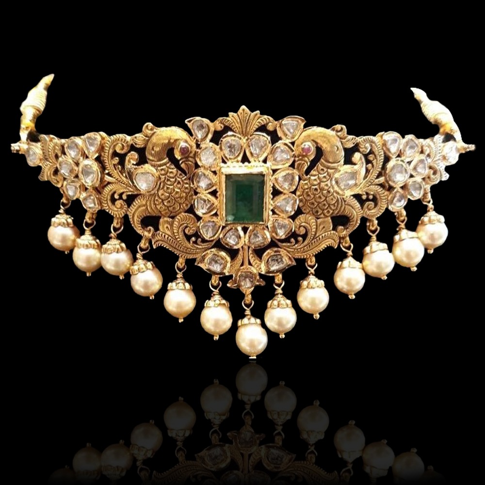 Gold plated Green and White Choker Necklace Online India