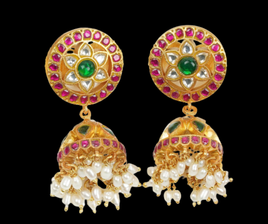 Cute Pink and Green Kempu Stone Jhumkas with White beads
