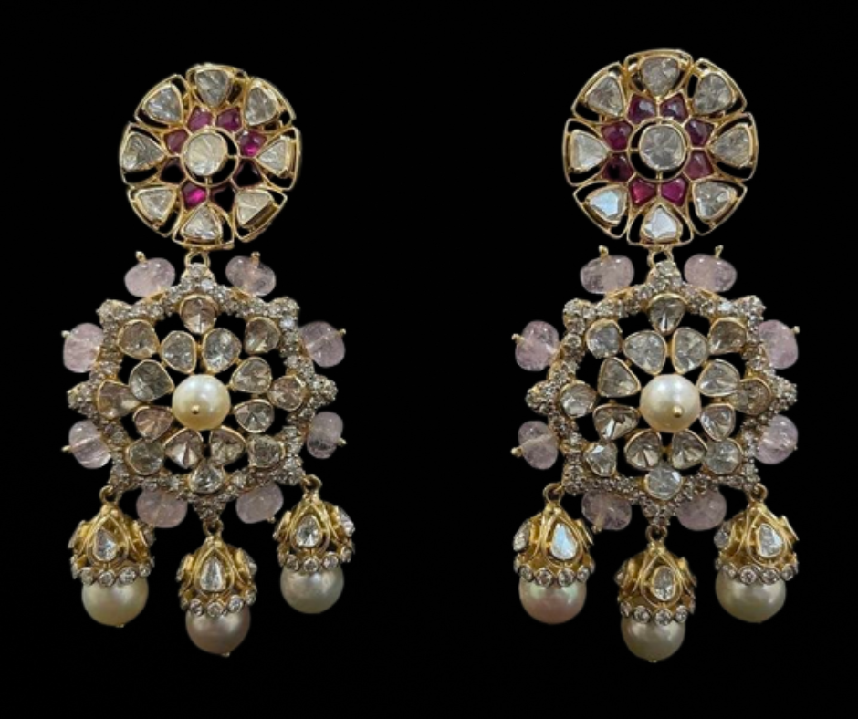 Pastel Pink and Pearl White Stone Studded Hanging Earrings