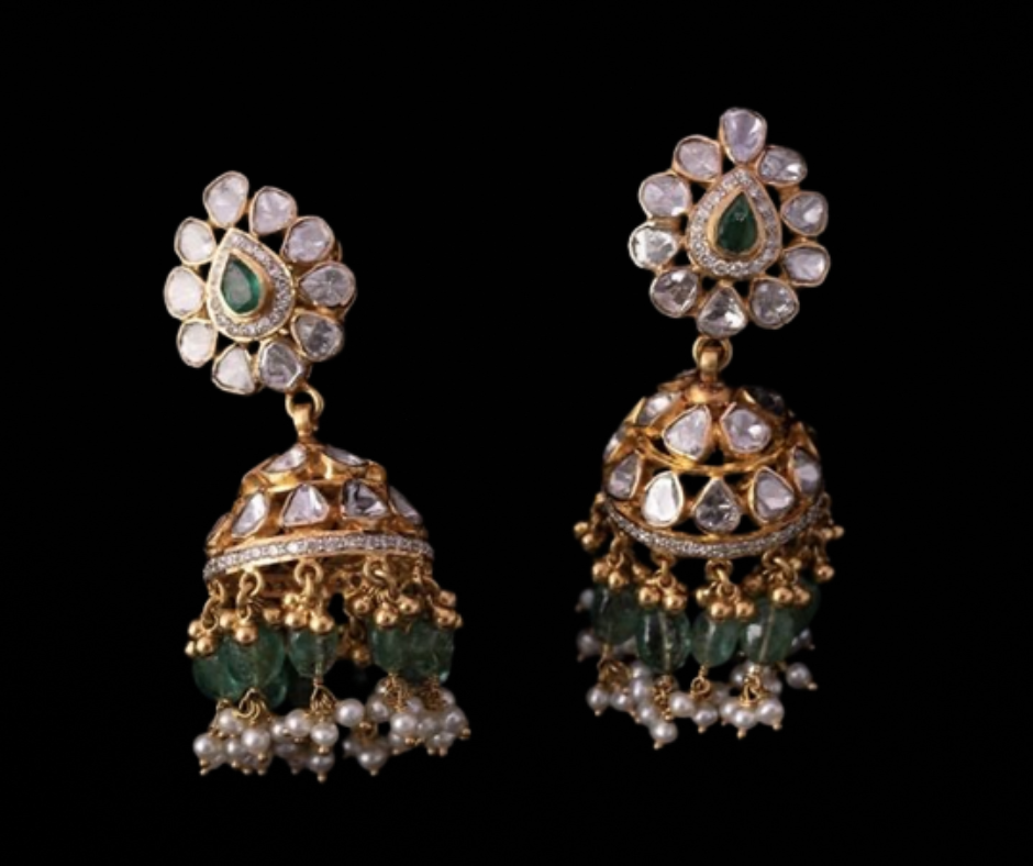 Stone Studded Golden Moissanite Jhumki Earrings with Green Stone