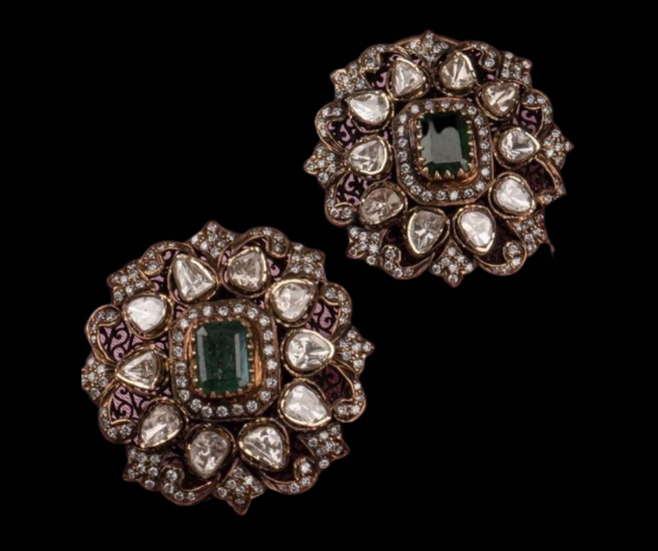 Moissanite Heavy Look Studs Earrings with Green Centre Stone