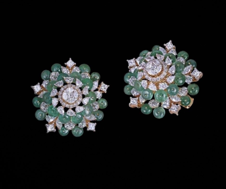 Signature Green and White Round Shaped Earrings with Sparkling Stones