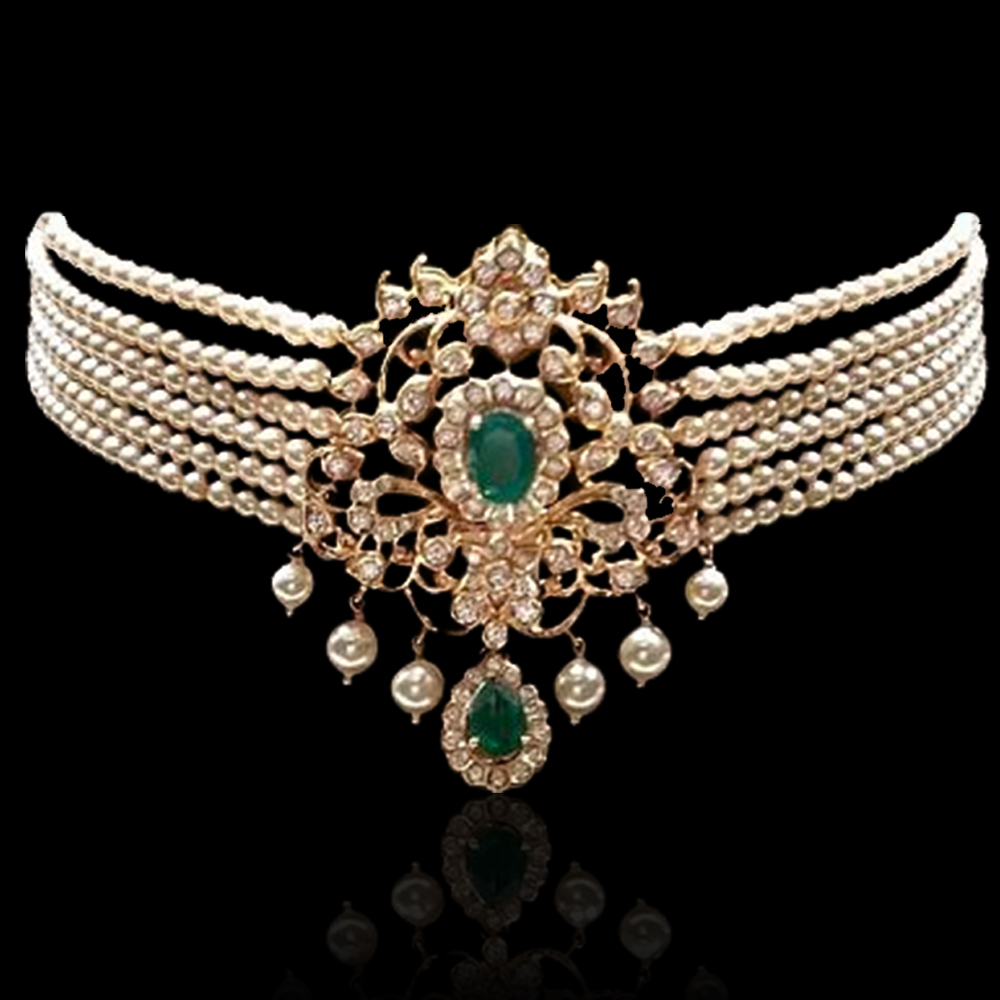 While Pearl Mala Choker with Signature Pendant in Green and White Gemstone