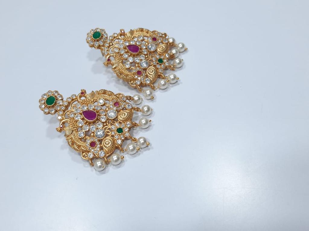 Heavy Red and White Stone Silver Based Earring with 22K Gold Polish