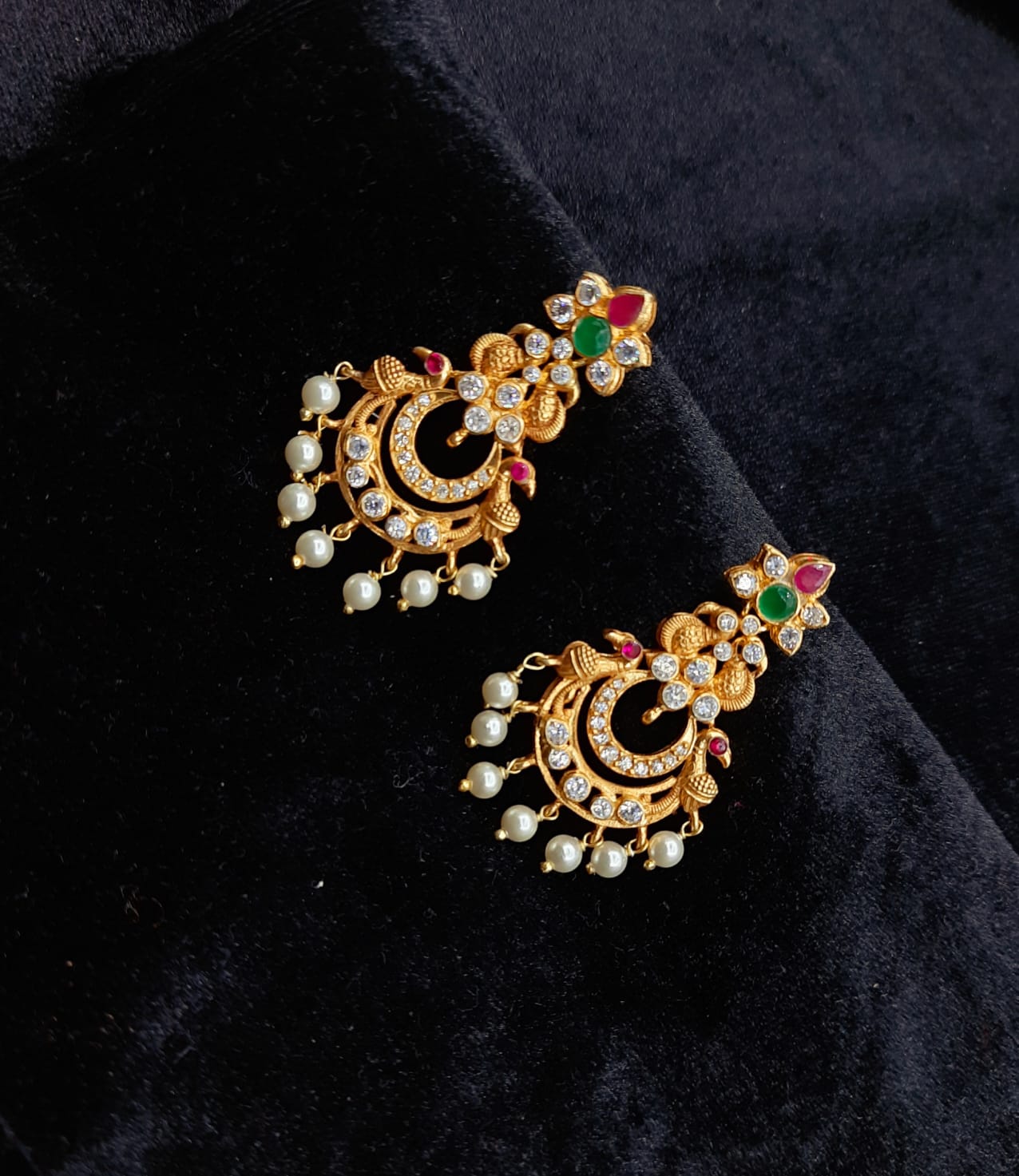Antique Red and Pink Designer Danglers in 22Kt Gold with Pearl Hangings
