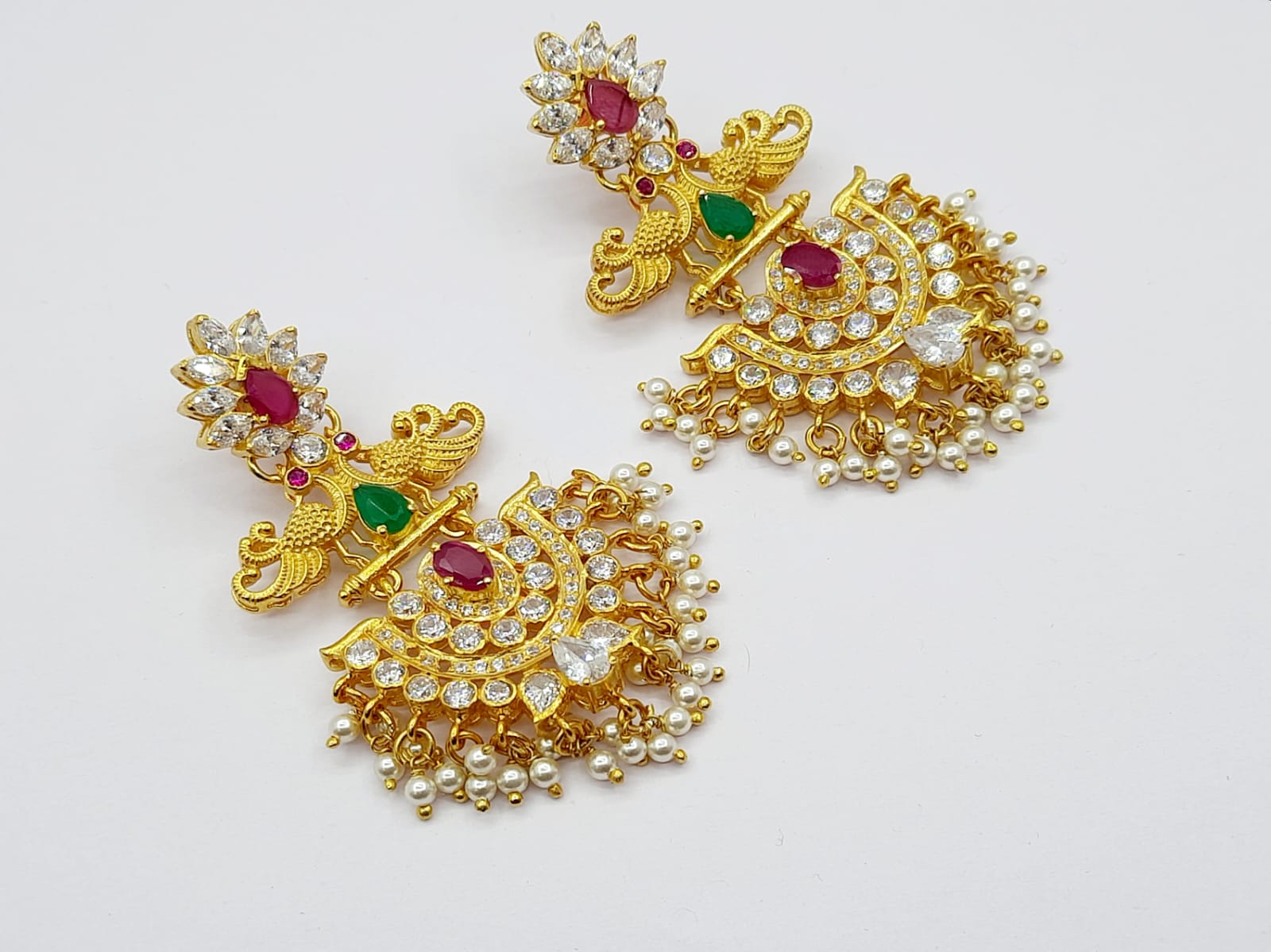 Heavy South Indian Design Gold Earrings in Moisannite and Kundan work with Pearls