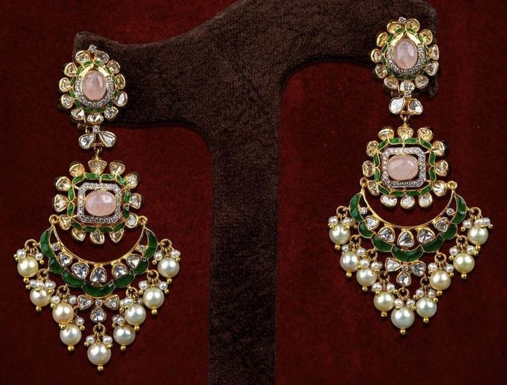 Mystic green and pink polki danglers in gold