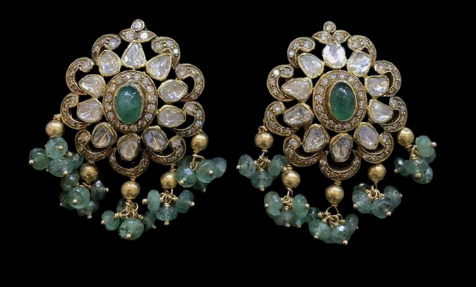 Moissanite and Diamond Danglers in Kundan and Green stone hangings